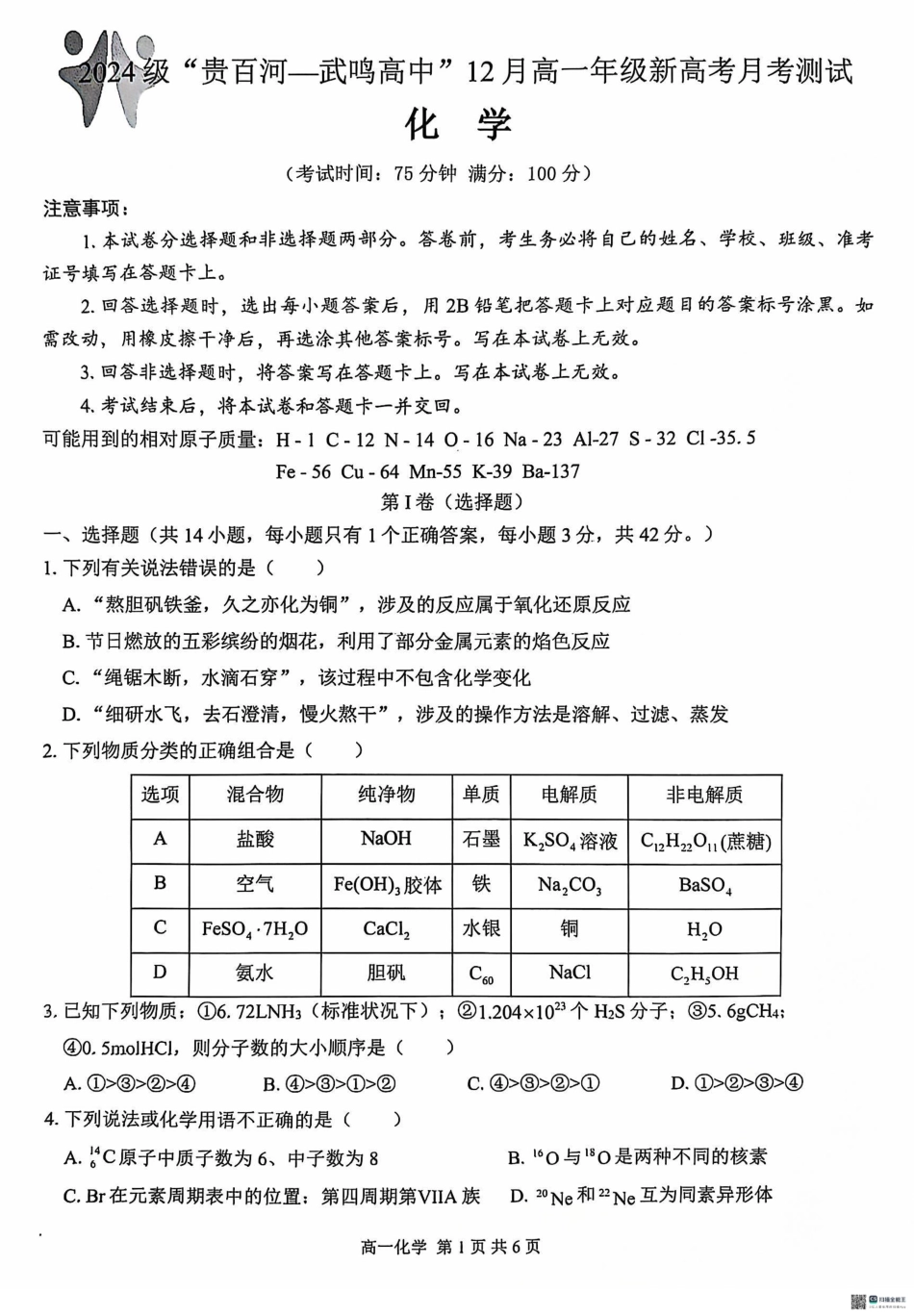 广西“贵百河—武鸣高中”2024-2025学年高一上学期12月新高考月考化学试题.pdf_第1页
