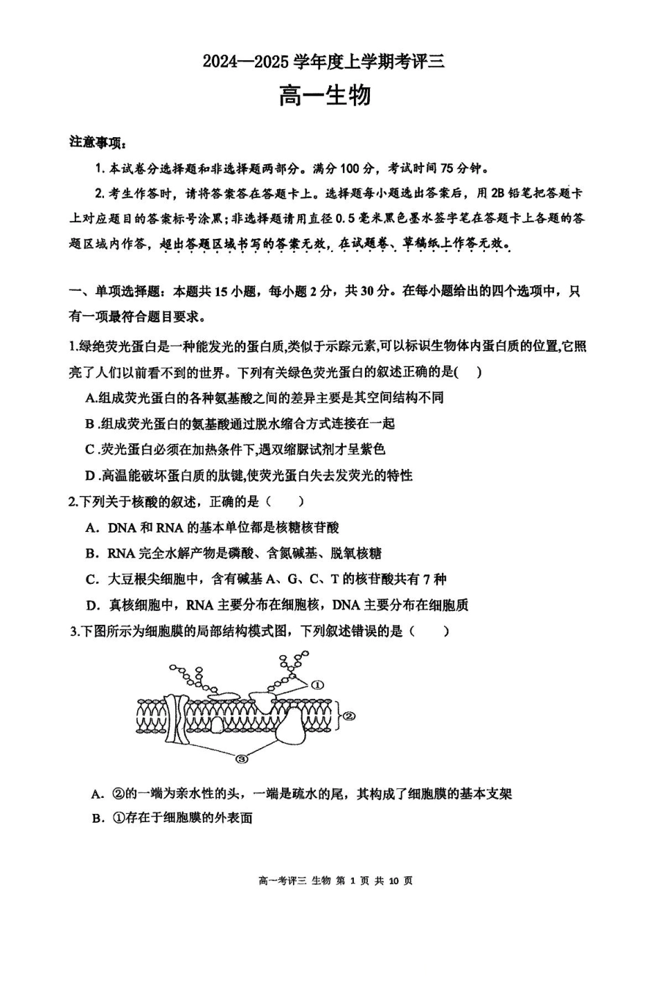河北省保定市2024-2025学年高一上学期12月考评三生物试卷（含答案）.pdf_第1页