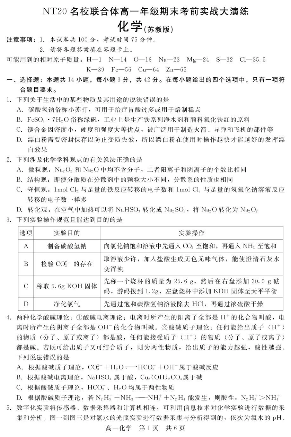河北省邯郸市NT20名校联合体2024-2025学年高一上学期期末考前实战大演练试题化学.pdf_第1页