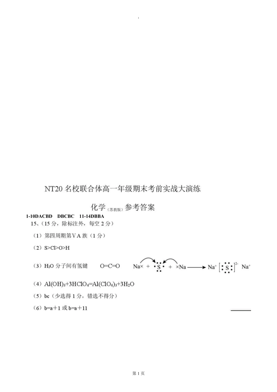 河北省邯郸市NT20名校联合体2024-2025学年高一上学期期末考前实战大演练试题化学答案.pdf_第1页