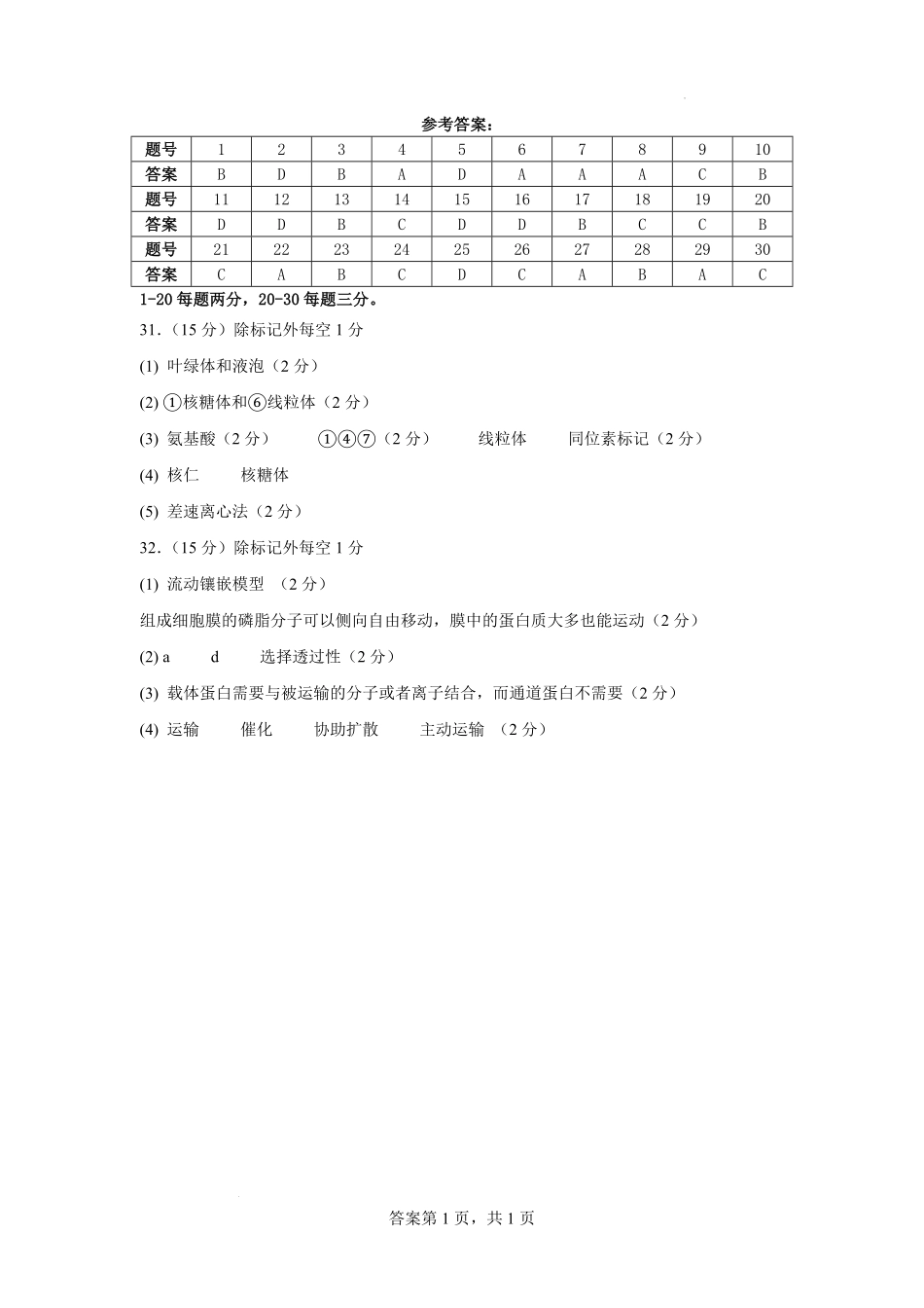 黑龙江省大庆市大庆中学2024-2025学年高一上学期1月期末生物答案.pdf_第1页