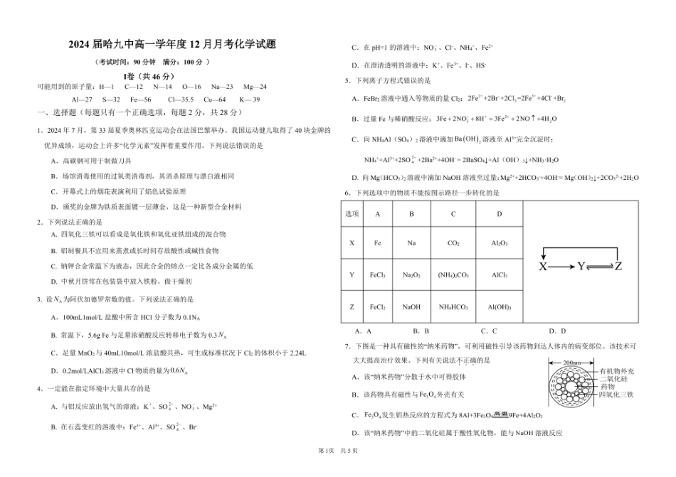 黑龙江省哈尔滨市第九中学校2024-2025学年高一上学期12月月考化学试题终稿.pdf_第1页
