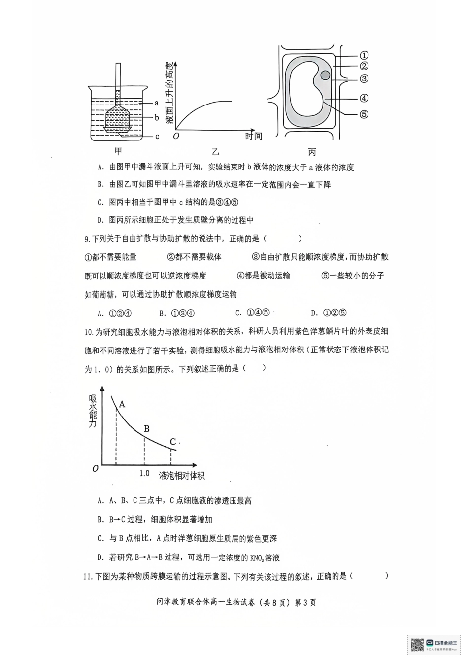 湖北省武汉市问津教育联合体2024-2025学年高一上学期12月月考生物试题.pdf_第3页