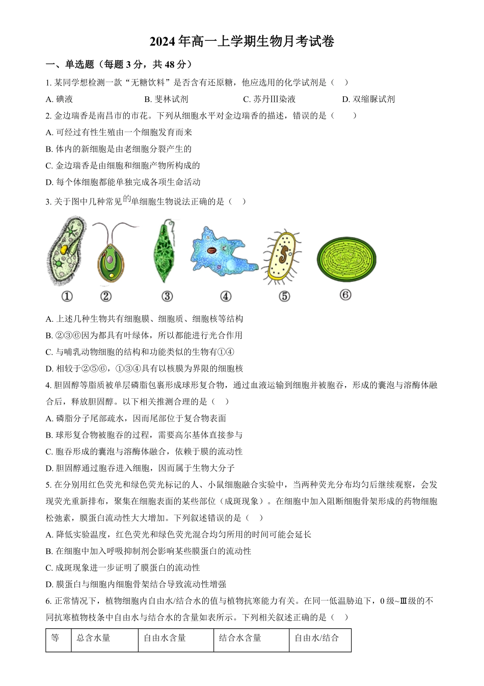 湖南省汨罗市第一中学2024—2025学年高一上学期12月月考生物试题.pdf_第1页