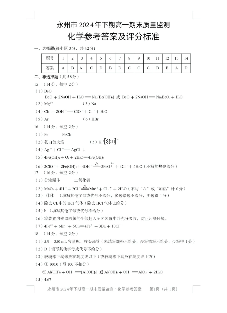 湖南省永州市2024-2025学年高一上学期期末质量监测化学答案.pdf_第1页