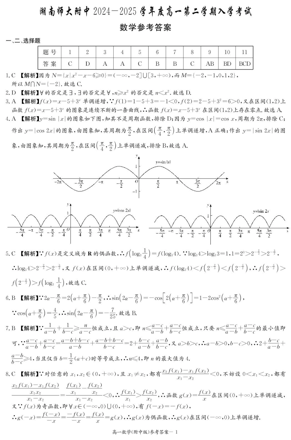 湖南师范大学附属中学2024-2025学年高一下学期入学考试数学答案.pdf_第1页