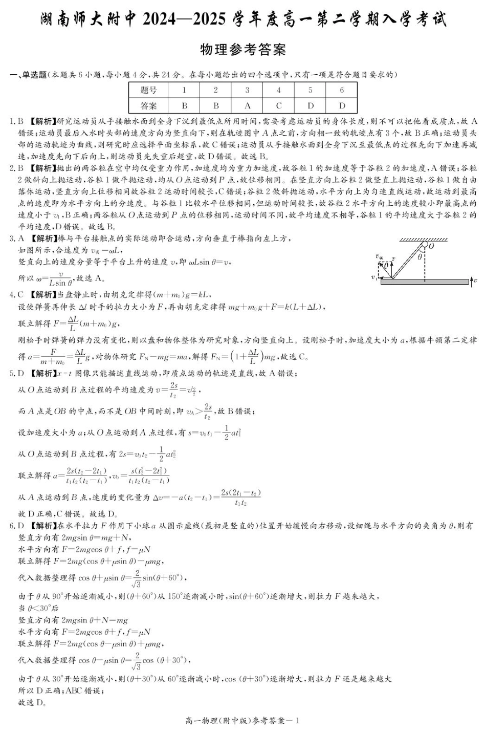 湖南师范大学附属中学2024-2025学年高一下学期入学考试物理答案.pdf_第1页