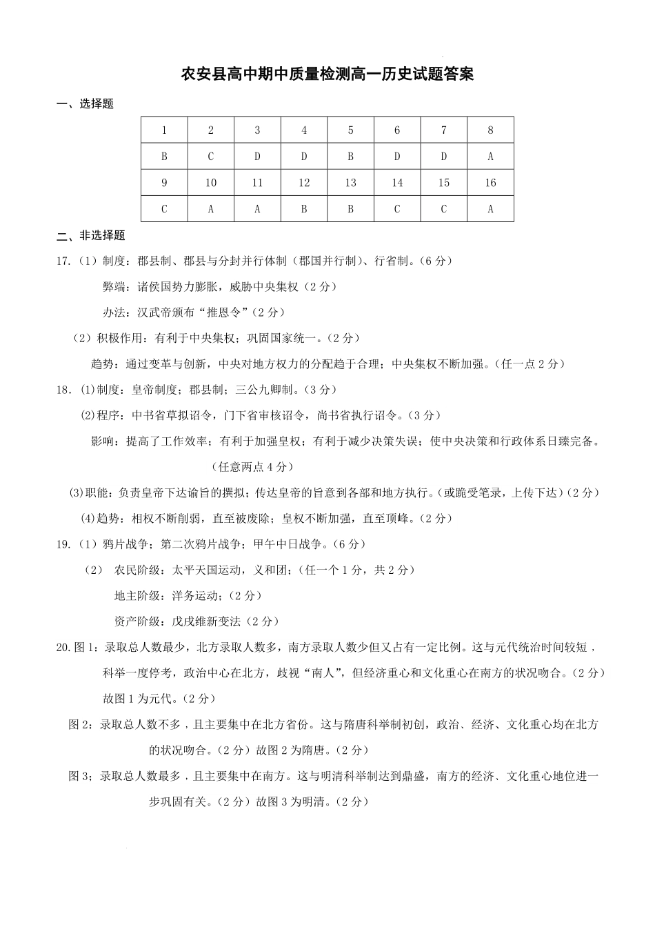 吉林省长春市农安县2024-2025学年高一上学期期中考试历史答案.pdf_第1页