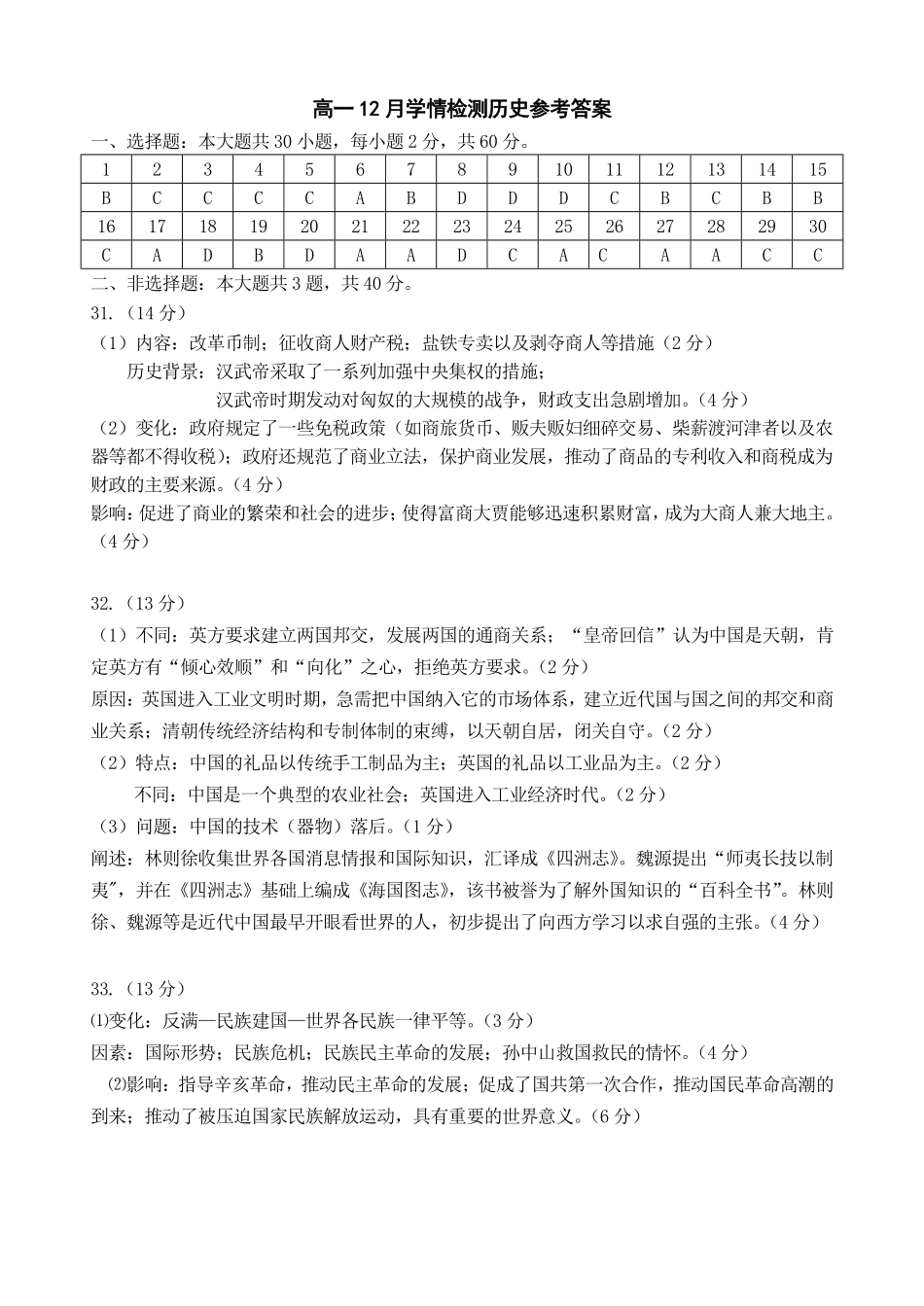 江苏省扬州市八校2024-2025学年高一上学期12月学情检测历史答案.pdf_第1页