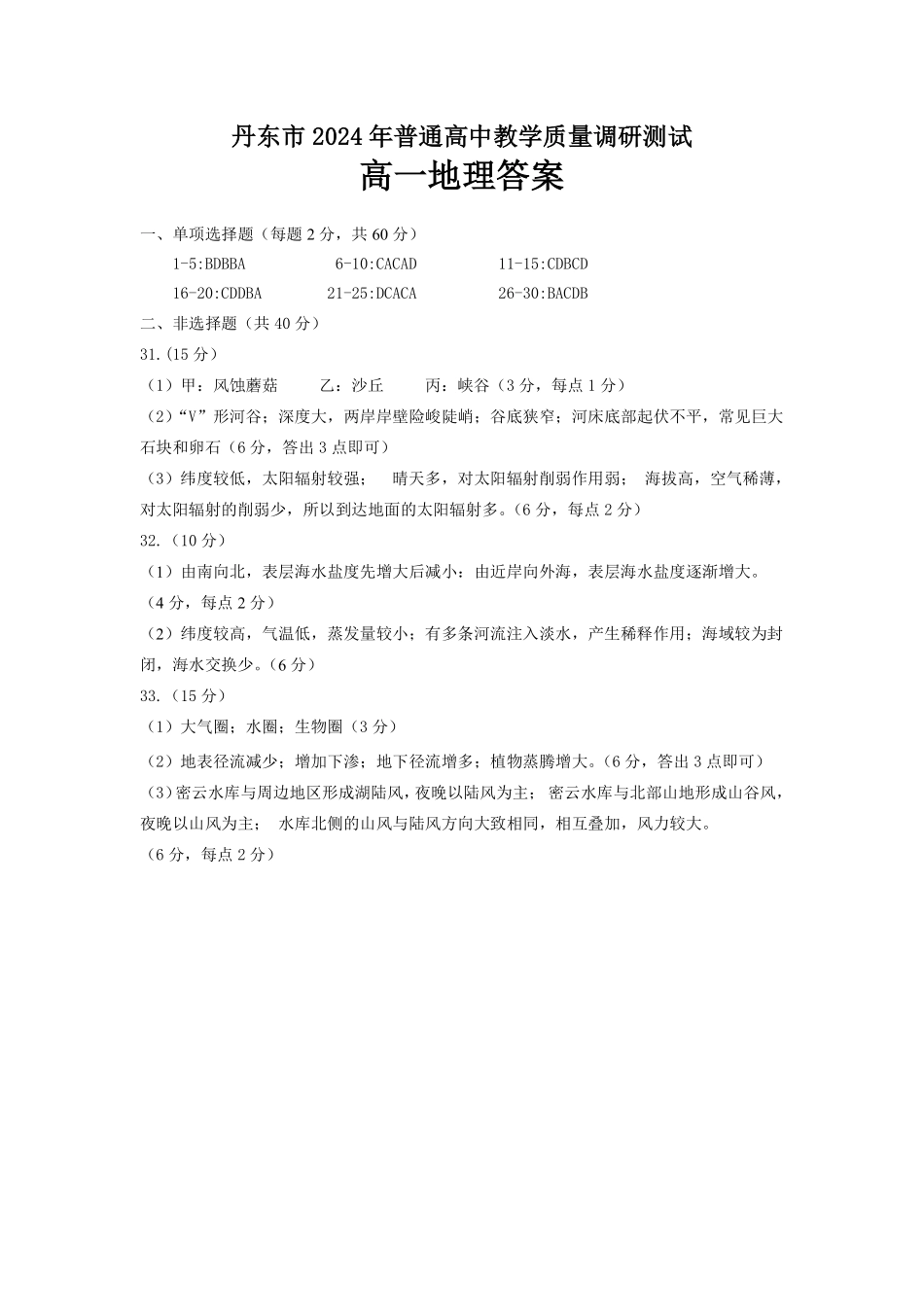辽宁省丹东市2024-2025学年高一上学期教学质量调研测试地理答案.pdf_第1页