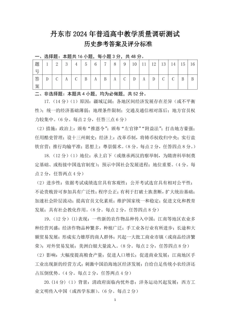辽宁省丹东市2024-2025学年高一上学期教学质量调研测试历史答案.pdf_第1页