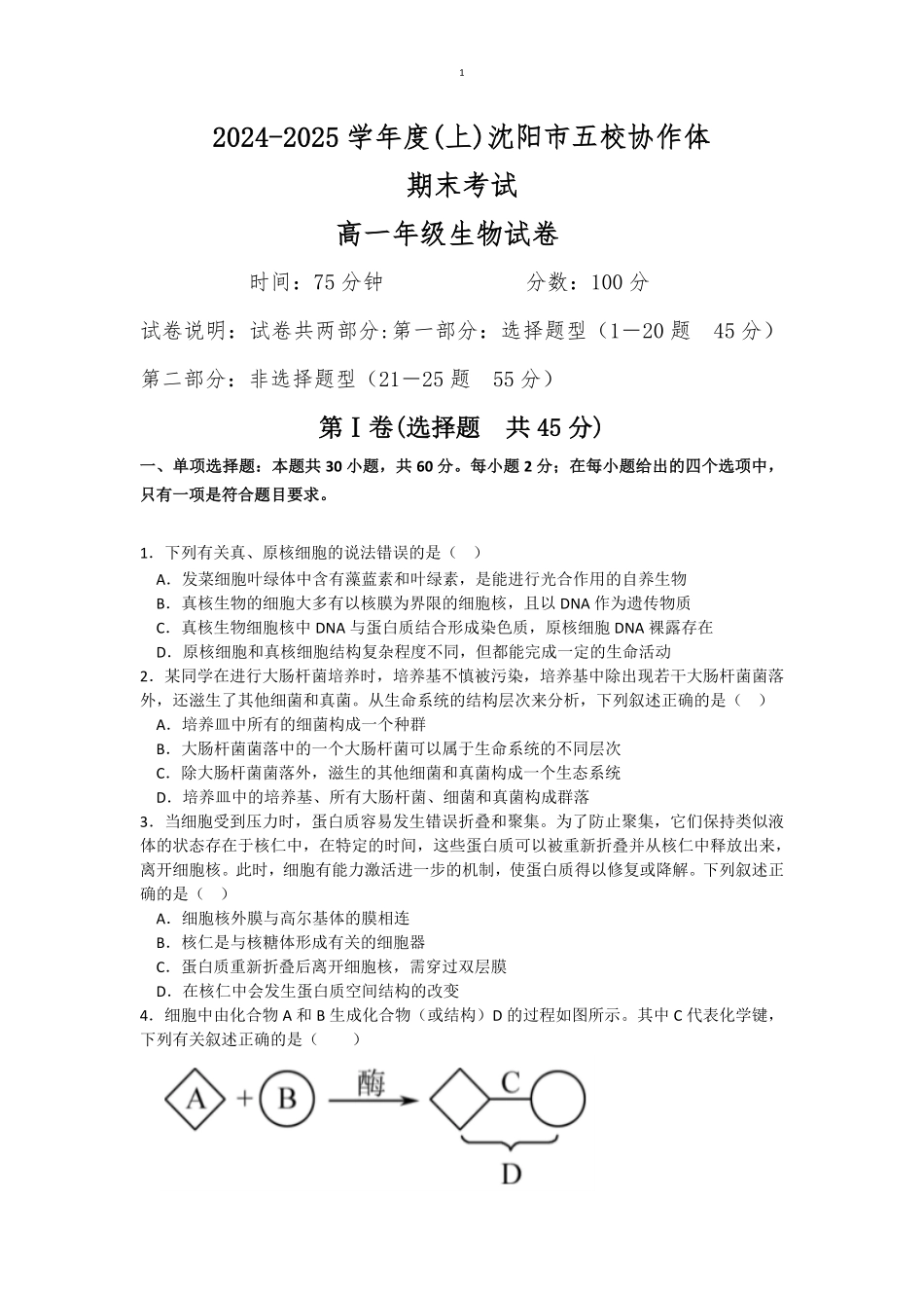 辽宁省沈阳市五校联考2024-2025学年度高一上学期期末考试生物试题(有答案).pdf_第1页