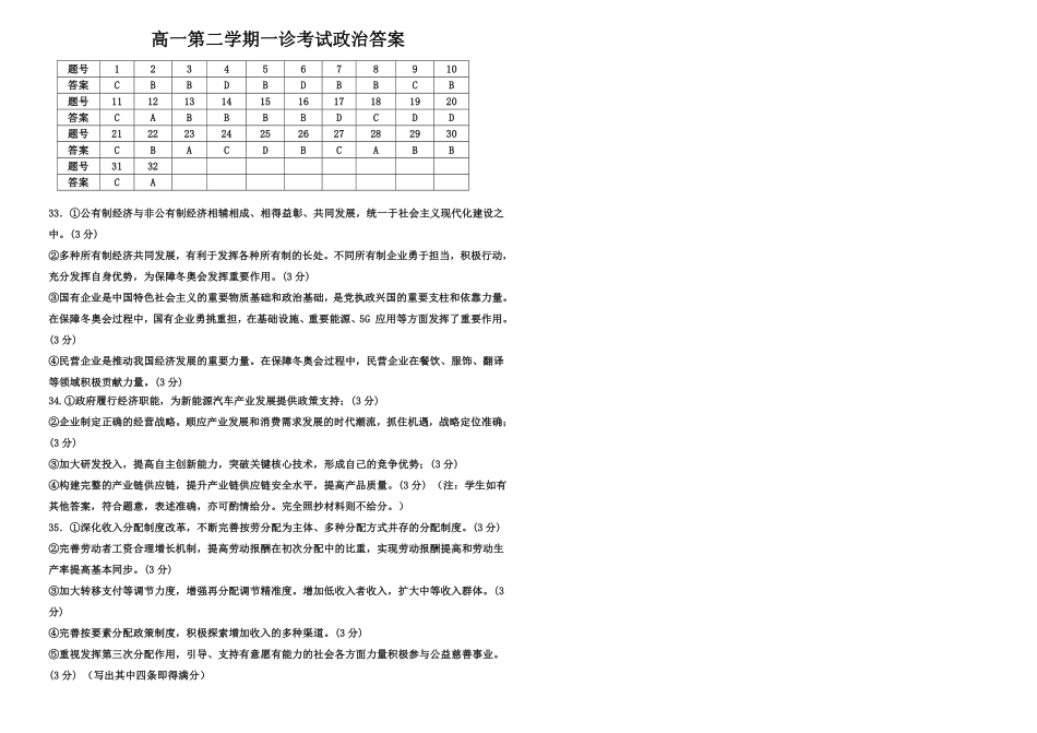 内蒙古自治区巴彦淖尔市第一中学2024-2025学年高一下学期第一次学业诊断政治答案.pdf_第1页