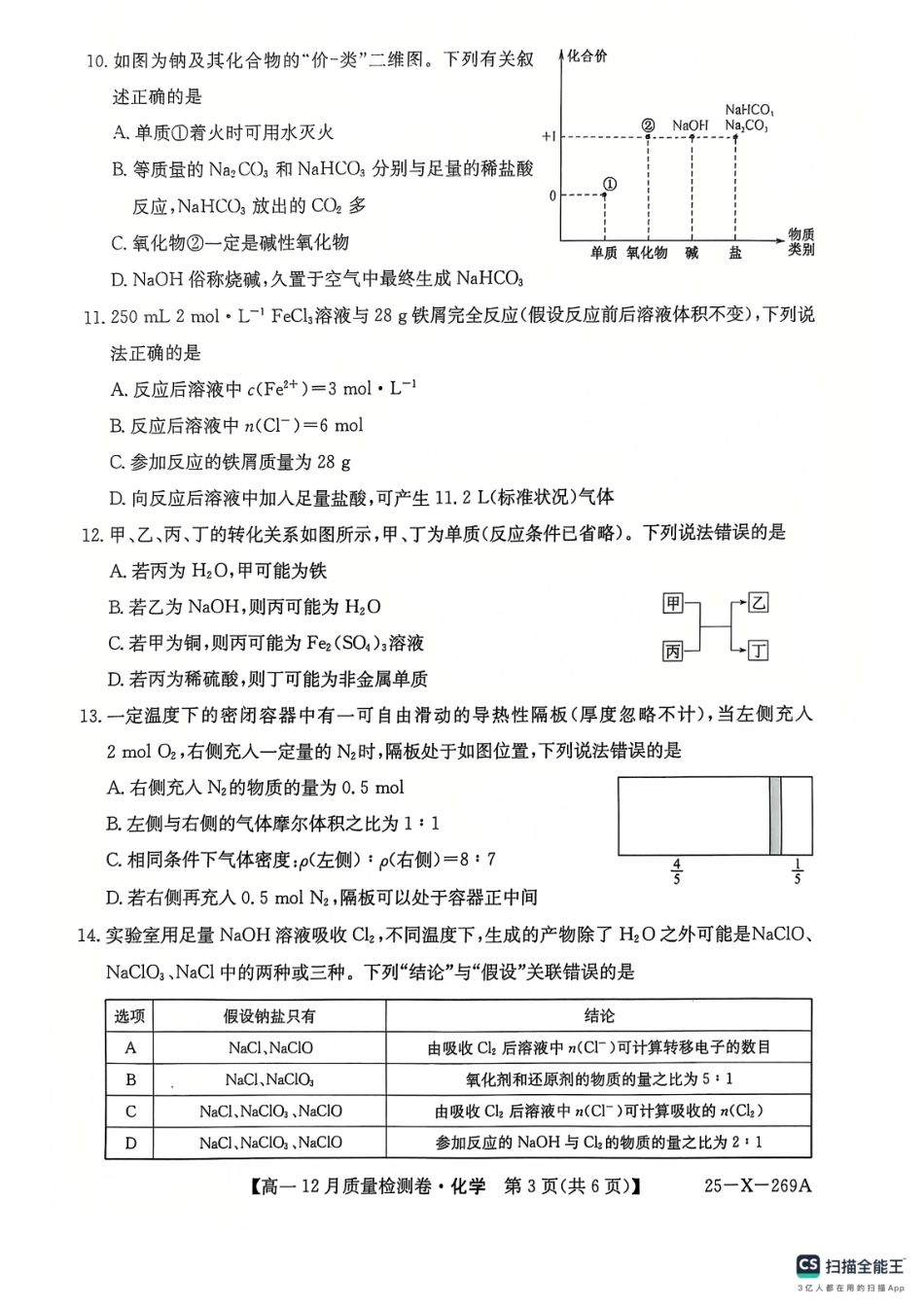 山西省三晋卓越联盟2024-2025学年高一上学期12月月考化学.pdf_第3页