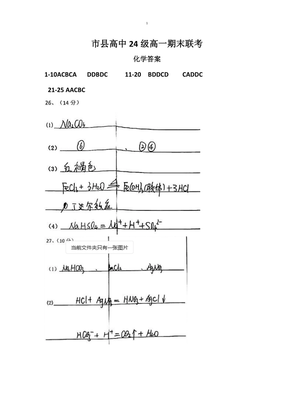 四川省眉山市2024-2025学年高一上学期1月期末联考试题化学答案.pdf_第1页