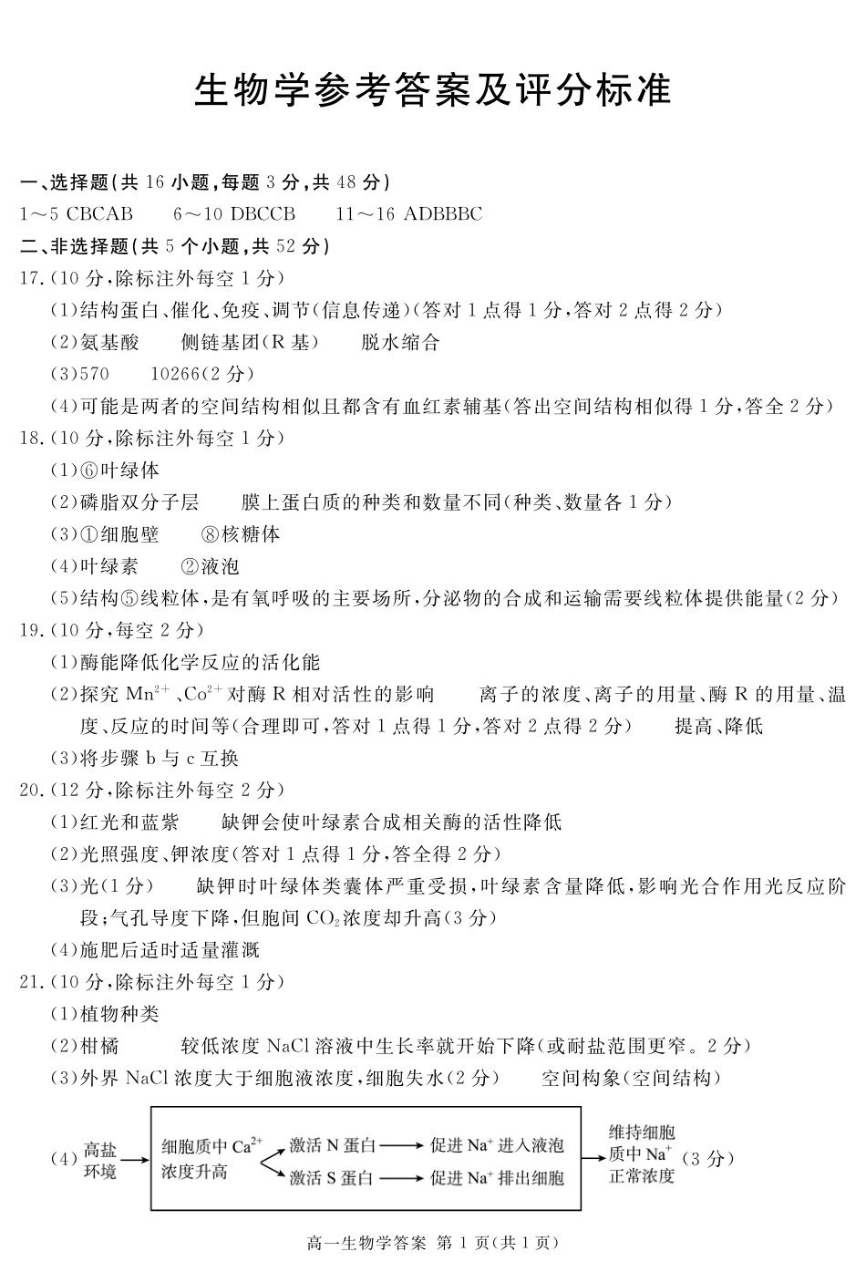 四川省遂宁市2024-2025学年高一上学期期末生物答案简答.pdf_第1页