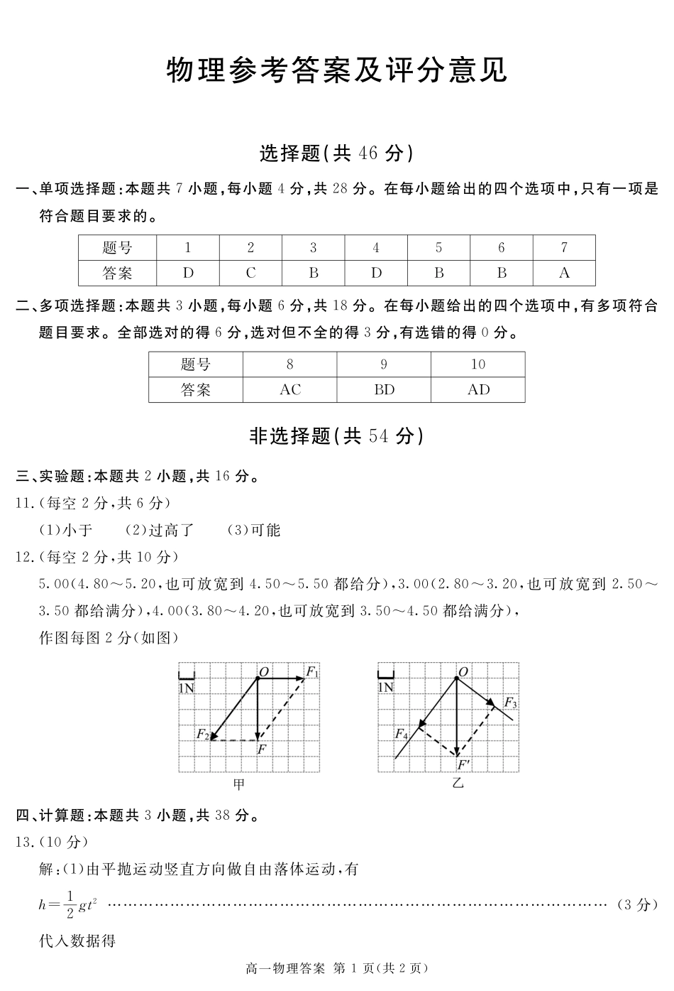 四川省遂宁市2024-2025学年高一上学期期末物理答案简答.pdf_第1页