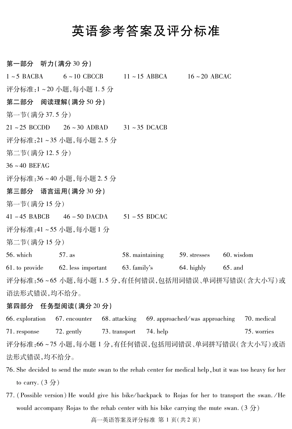 四川省遂宁市2024-2025学年高一上学期期末英语答案(简答).pdf_第1页