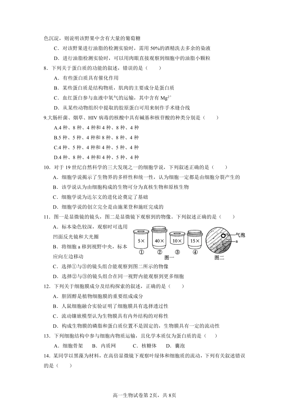 余姚中学2024学年第一学期质量检测高一生物质量检测试卷.pdf_第2页