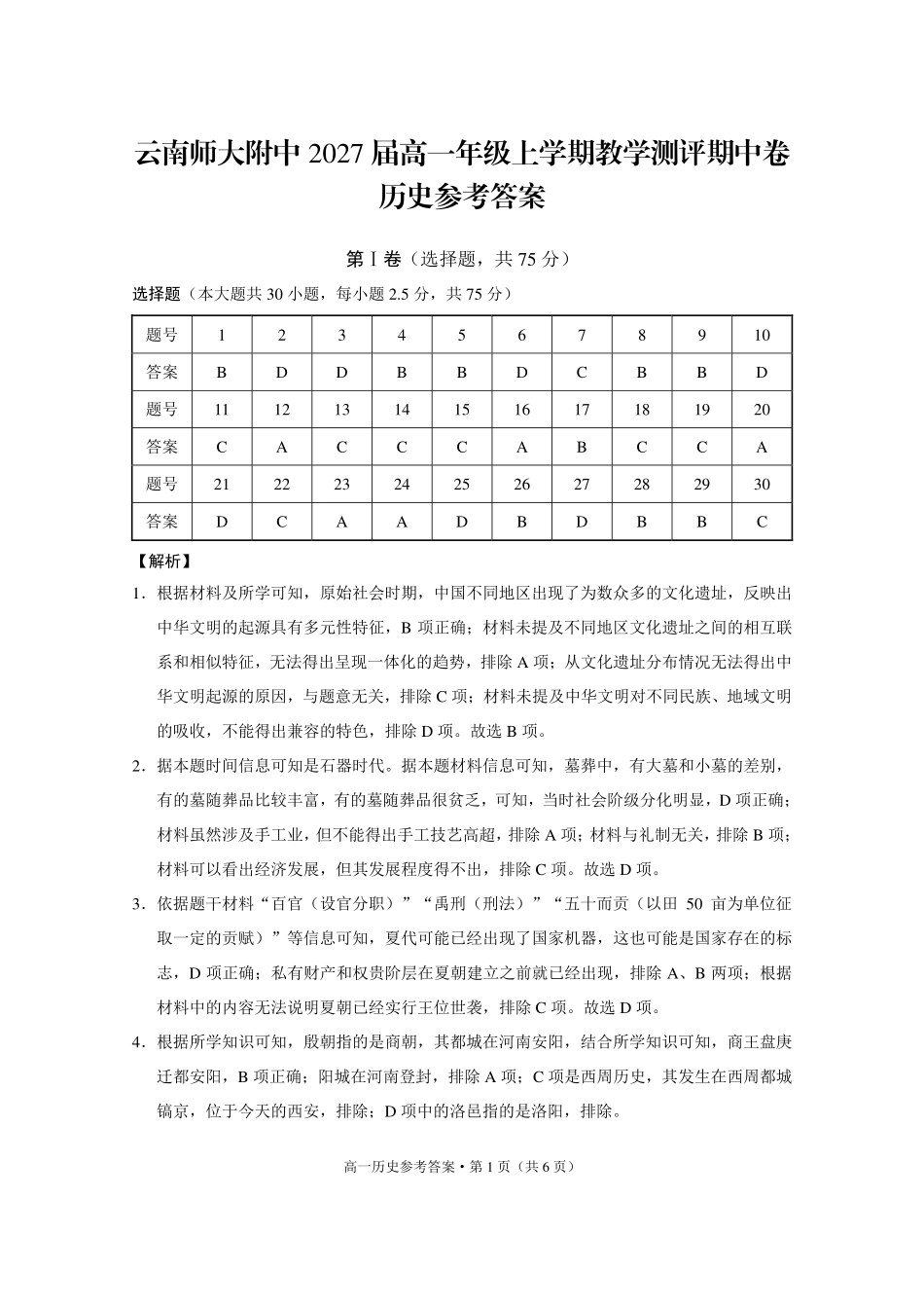 云南师大附中2027届高一年级上学期教学测评期中卷历史-答案.pdf_第1页