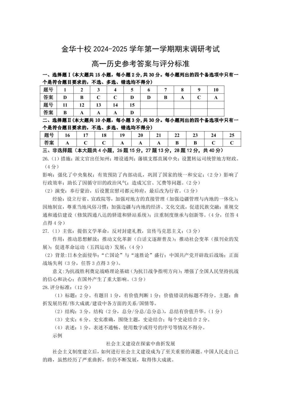 浙江省金华十校2024-2025学年高一上学期期末调研考试历史答案.pdf_第1页