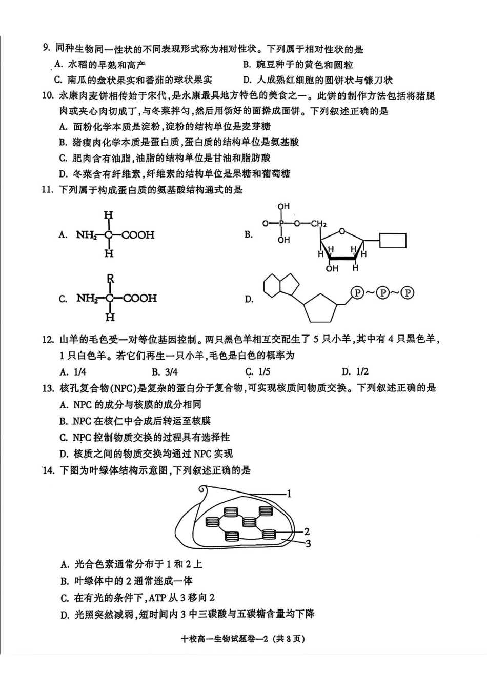 浙江省金华十校2024-2025学年高一上学期期末调研考试生物含答案.pdf_第2页