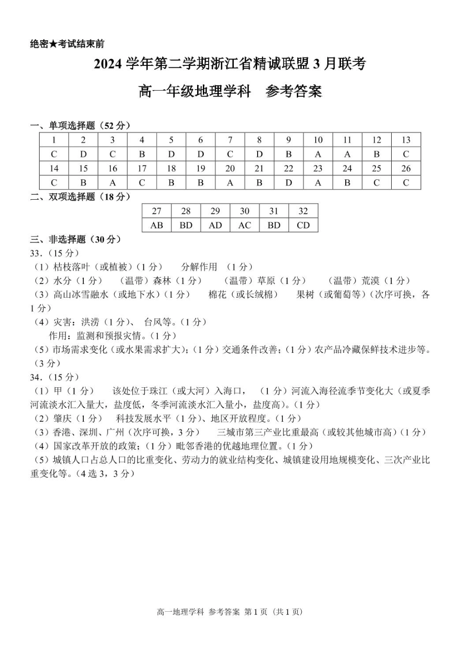 浙江省精诚联盟2024-2025学年高一下学期3月月考地理答案.pdf_第1页