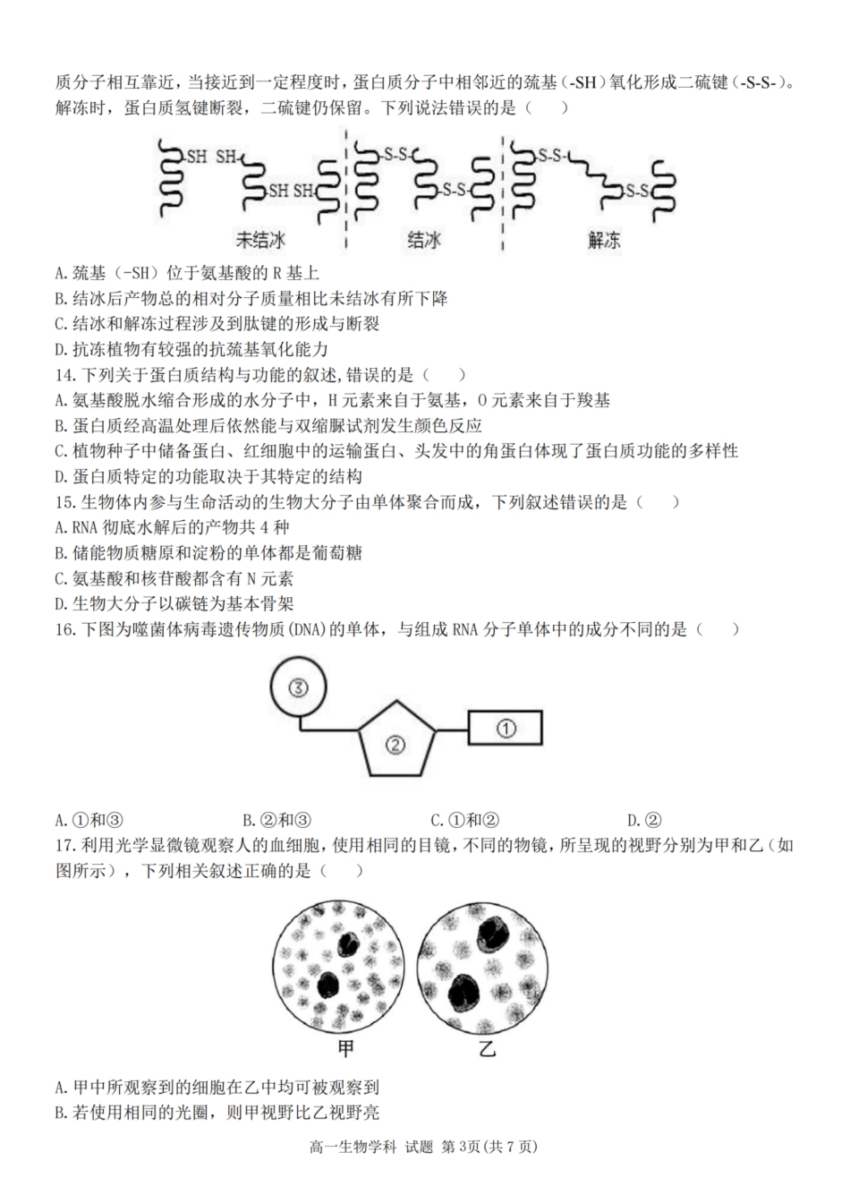 浙江省精诚联盟2024学年高一第一学期10月联考生物.pdf_第3页