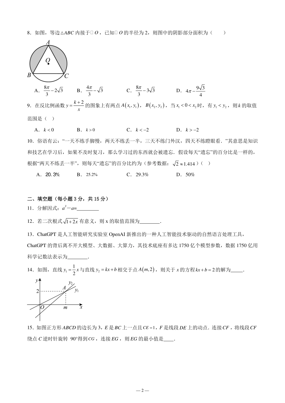 广东汕头潮阳区2024—2025学年九年级下学期数学模拟卷+答案.pdf_第2页