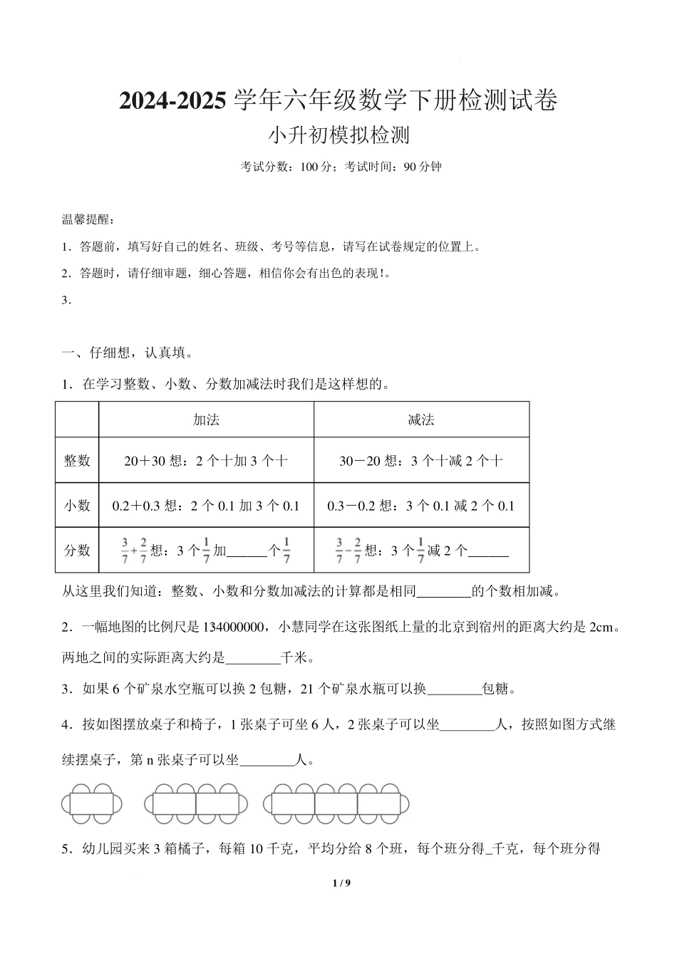 2024-2025学年六年级数学下册小升初质量检测卷.pdf_第1页