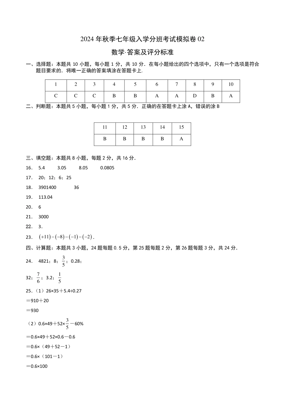 2024年秋季七年级入学分班考试模拟卷数学（答案及评分标准）.pdf_第1页