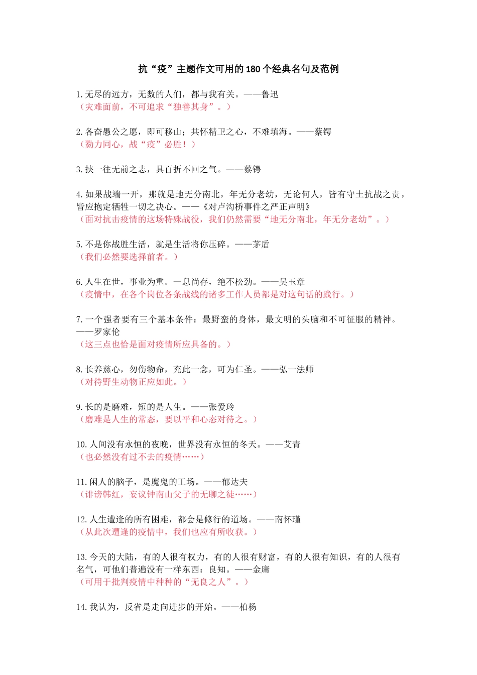 抗“疫”主题作文可用的180个经典名句及范例-小学作文素材.docx_第1页