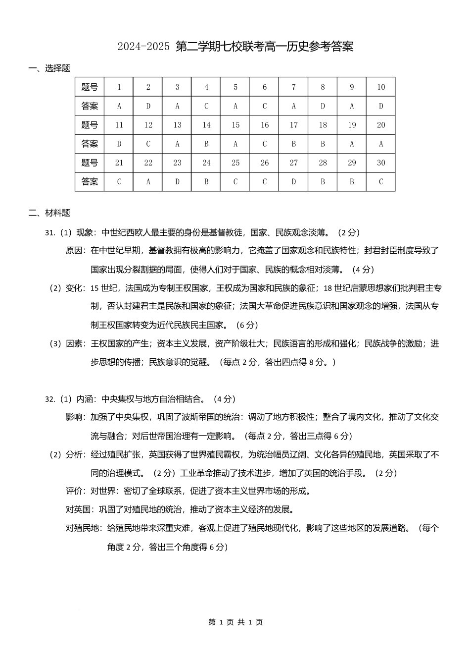24-25学年七校联考高一历史高一历史七校联考答案.docx_第1页
