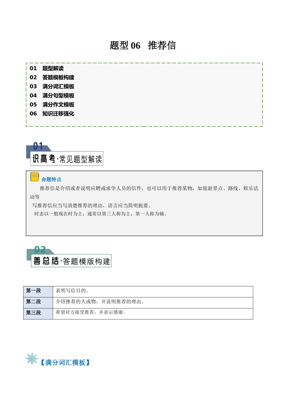 2024年高考英语书面表达答题模板-题型06  推荐信（答题模板与解题技巧）（原卷版）.docx_第1页