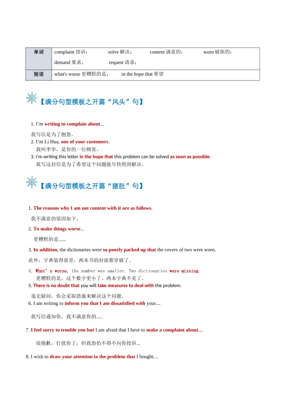 2024年高考英语书面表达答题模板-题型07 投诉信（答题模板与解题技巧） （解析版）.docx_第2页