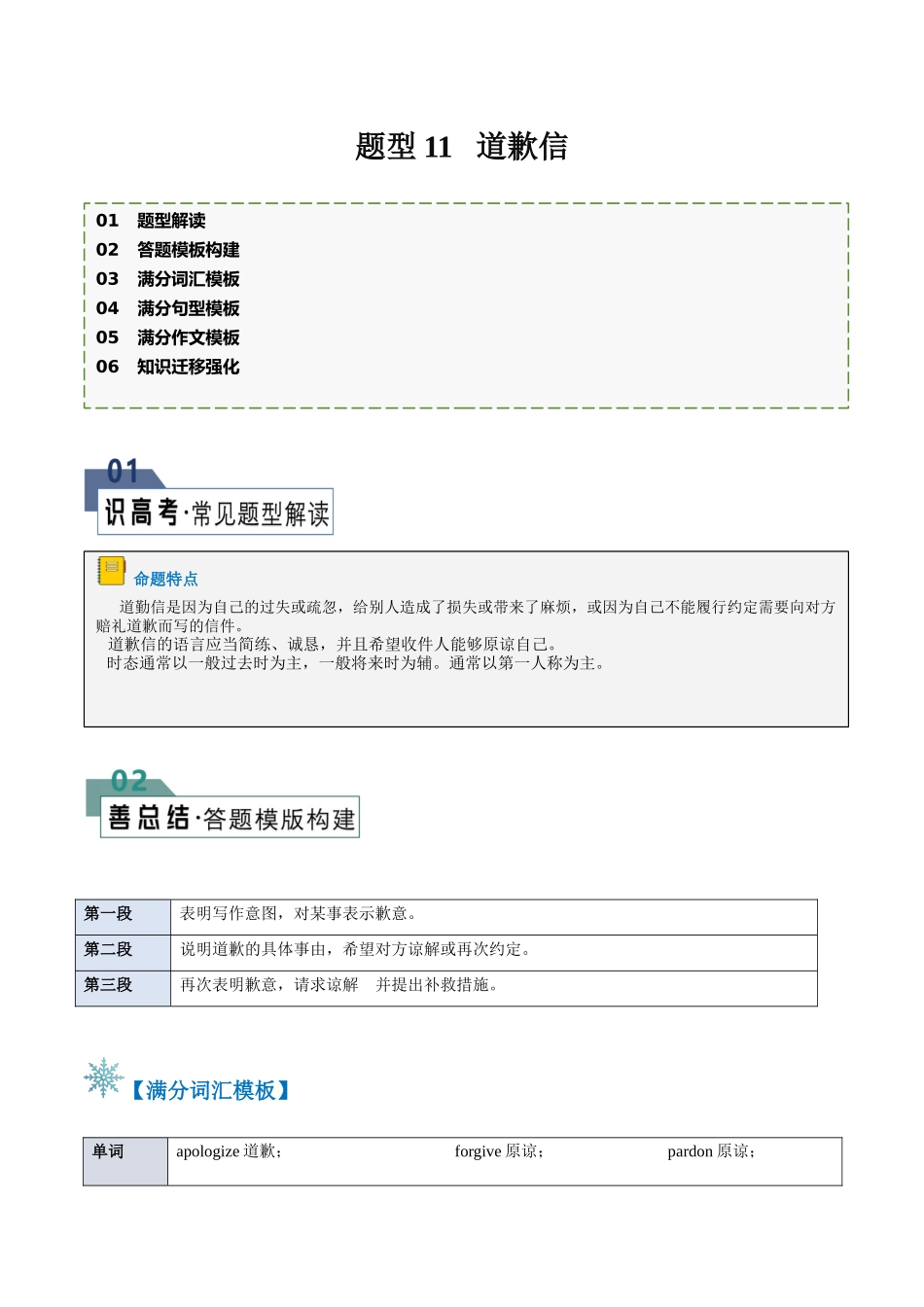 2024年高考英语书面表达答题模板-题型11 道歉信（答题模板与解题技巧）（解析版）.docx_第1页