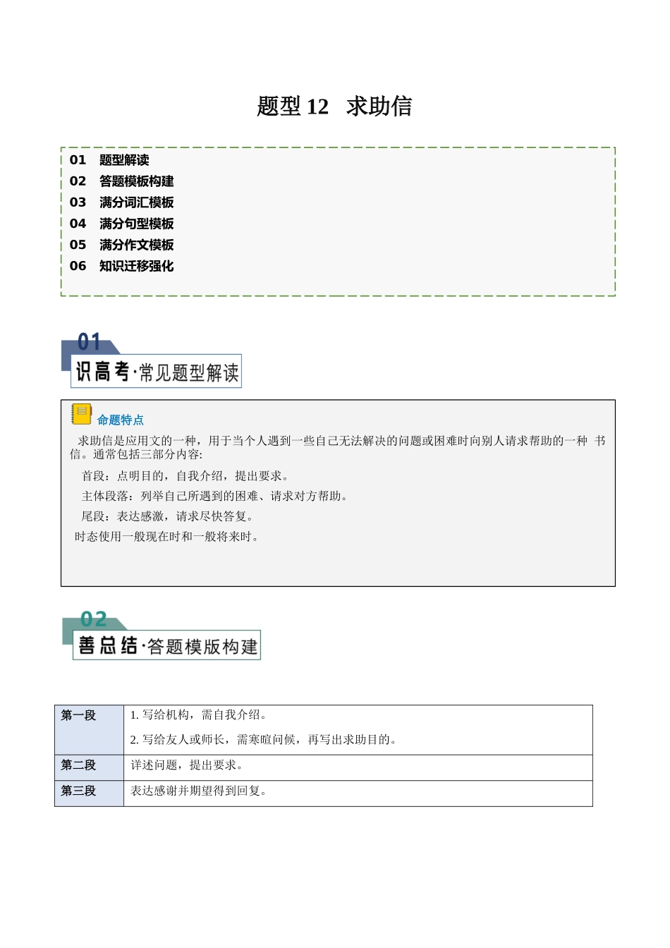 2024年高考英语书面表达答题模板-题型12 求助信（答题模板与解题技巧） （原卷版）.docx_第1页