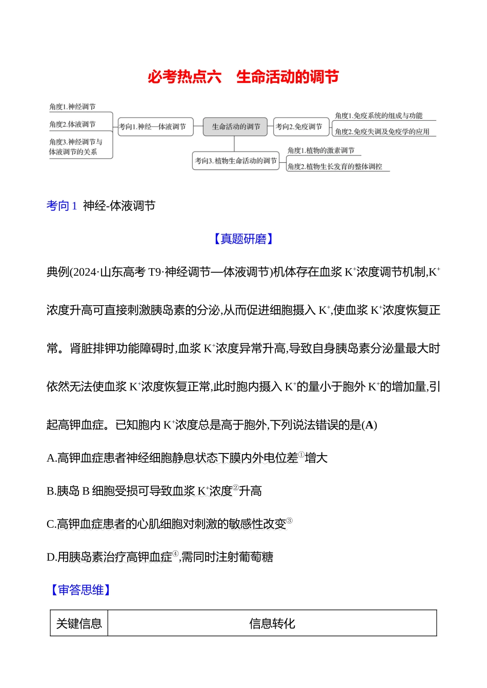 2025高考冲刺答题技巧预测生物-一　必考热点六　生命活动的调节.docx_第1页