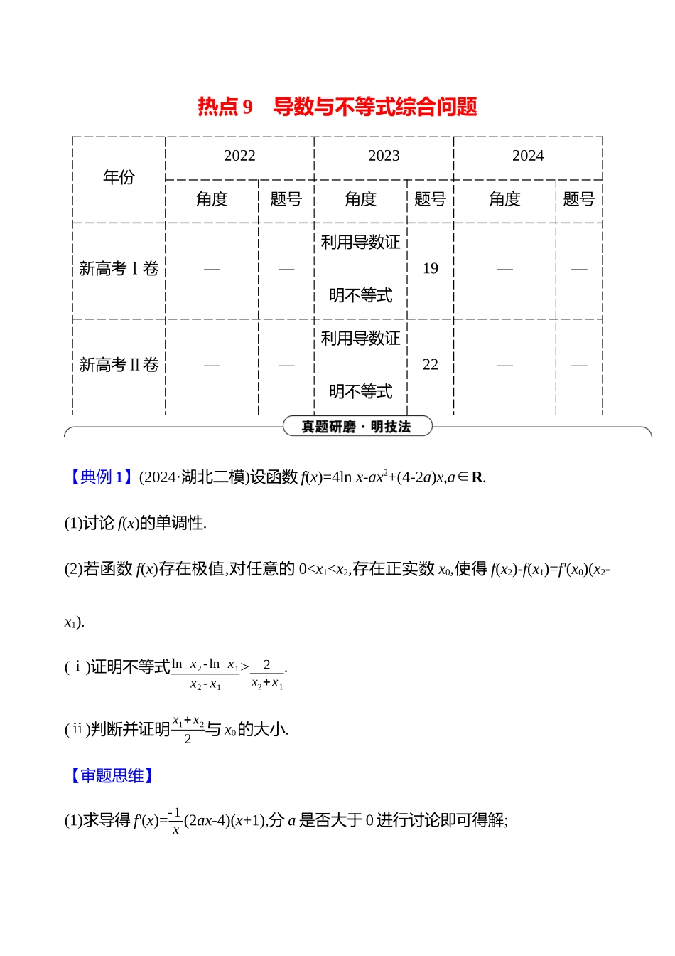 2025高考冲刺答题技巧预测数学-大题冲刺热点9　导数与不等式综合问题.docx_第1页