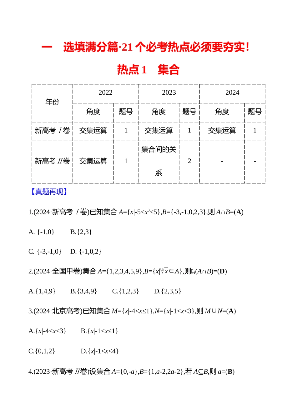 2025高考冲刺答题技巧预测数学-选择题热点1　集合.docx_第1页