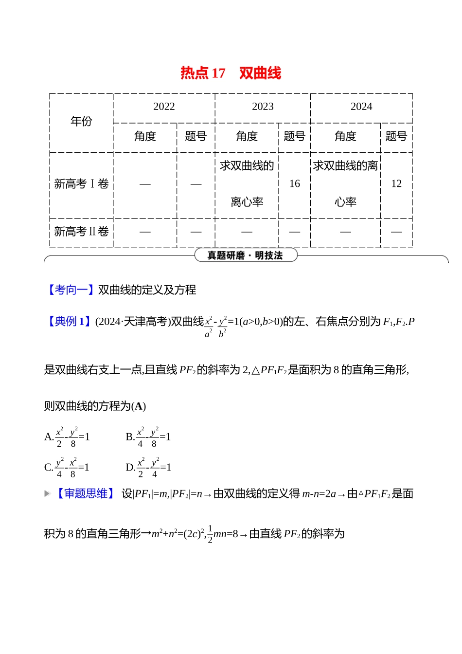 2025高考冲刺答题技巧预测数学-选择题热点17　双曲线.docx_第1页