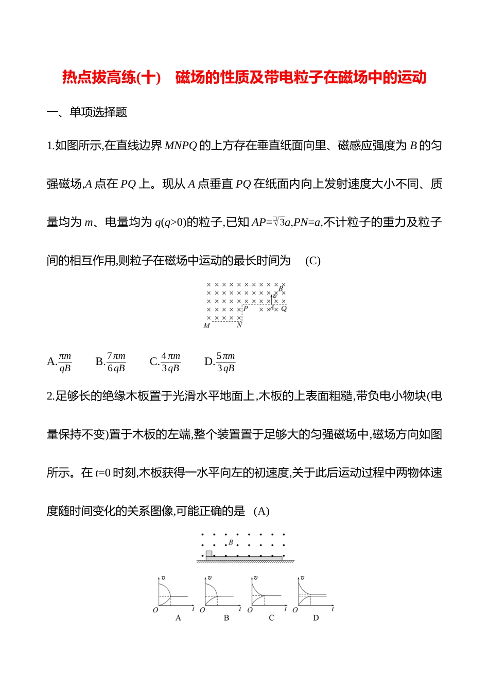 2025高考冲刺答题技巧预测物理-热点拔高练(十)　磁场的性质及带电粒子在磁场中的运动.docx_第1页