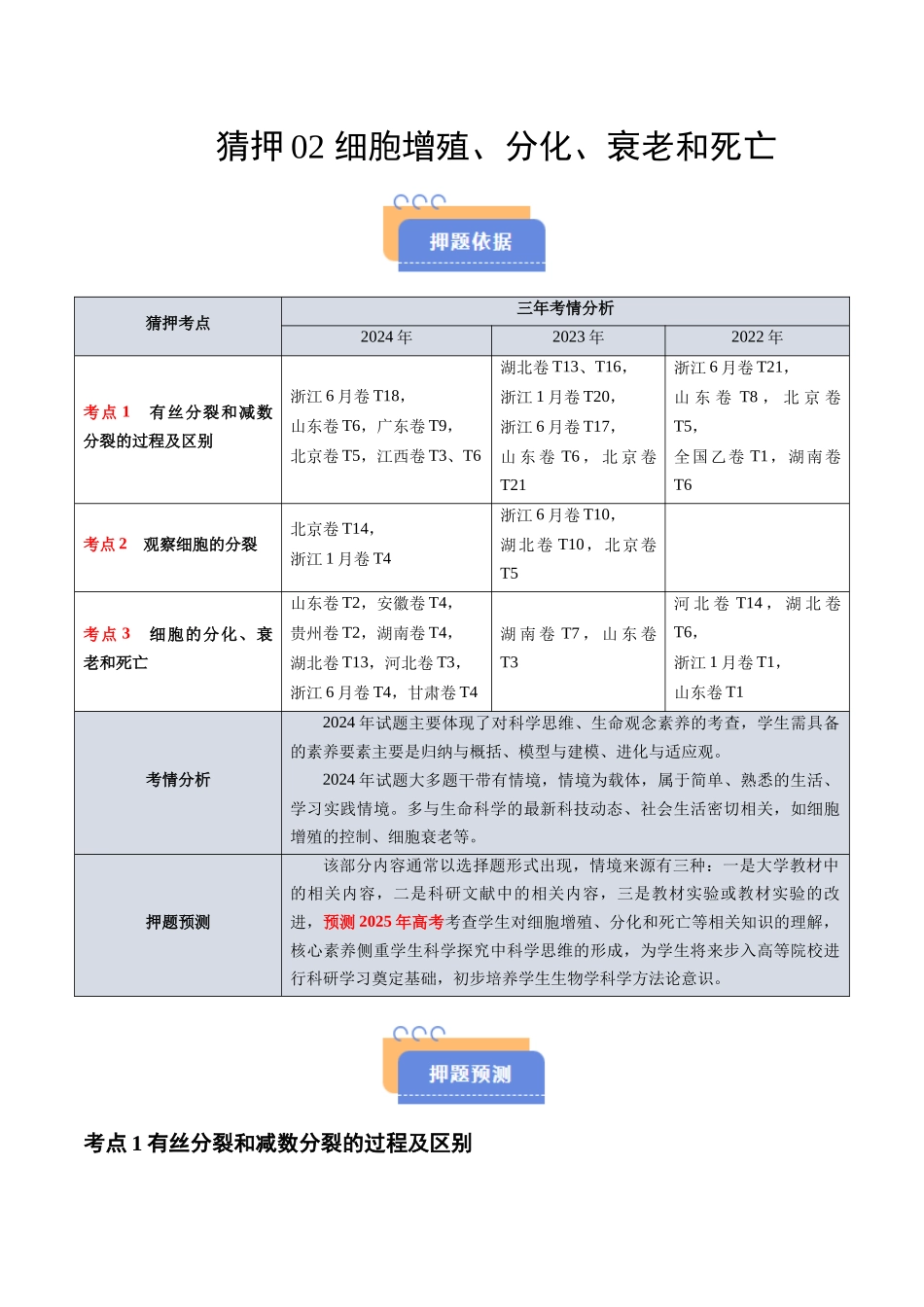 猜押02  细胞增殖、分化、衰老和死亡（原卷版）-2025年高考生物冲刺抢押秘籍.docx_第1页