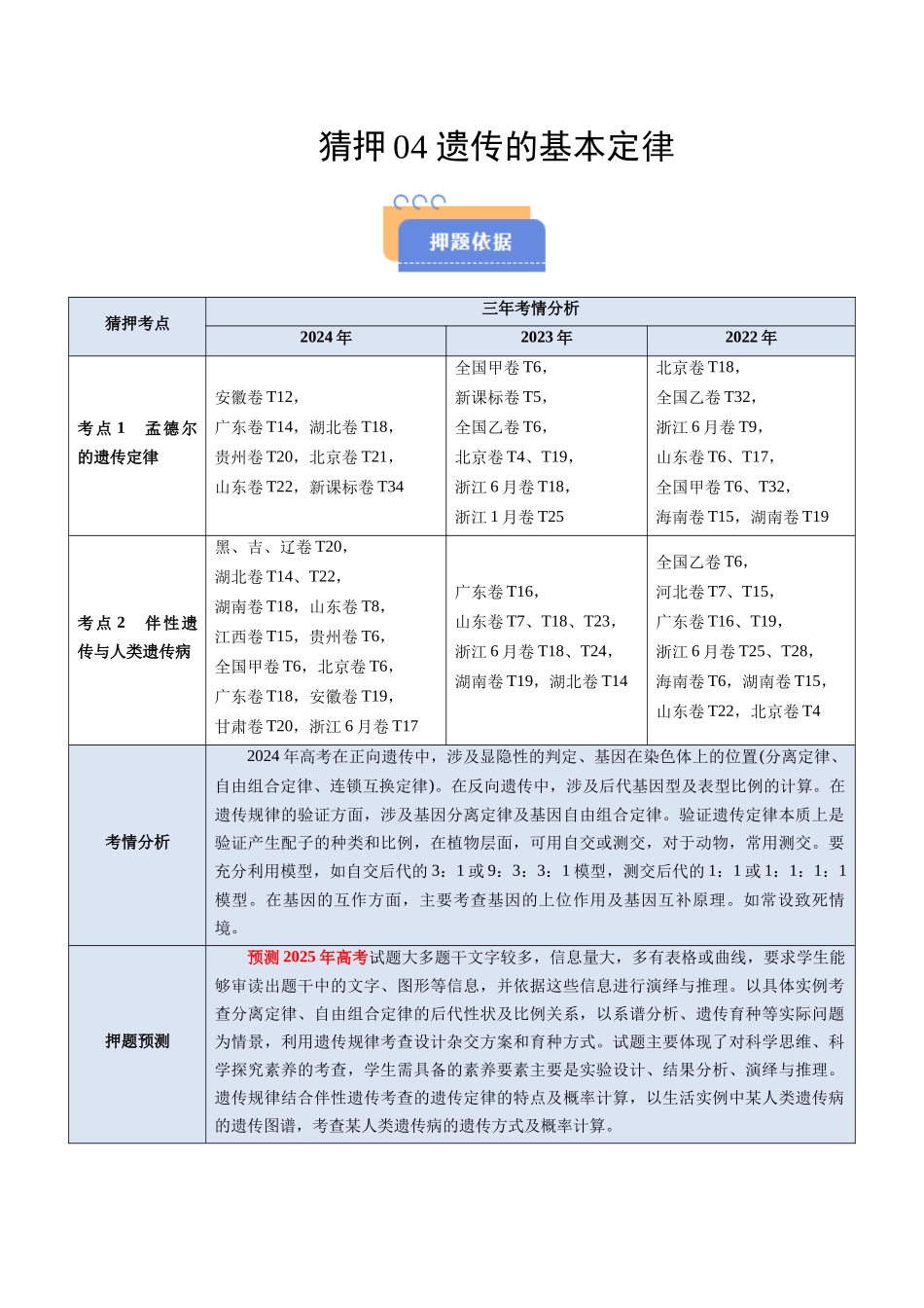 猜押04 遗传的基本定律（原卷版）-2025年高考生物冲刺抢押秘籍.docx_第1页