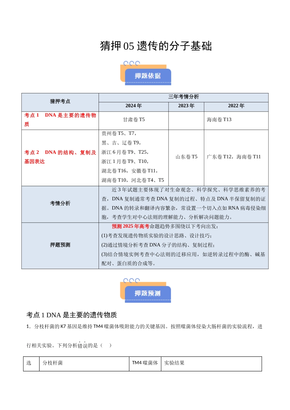 猜押05 遗传的分子基础（解析版）-2025年高考生物冲刺抢押秘籍.docx_第1页