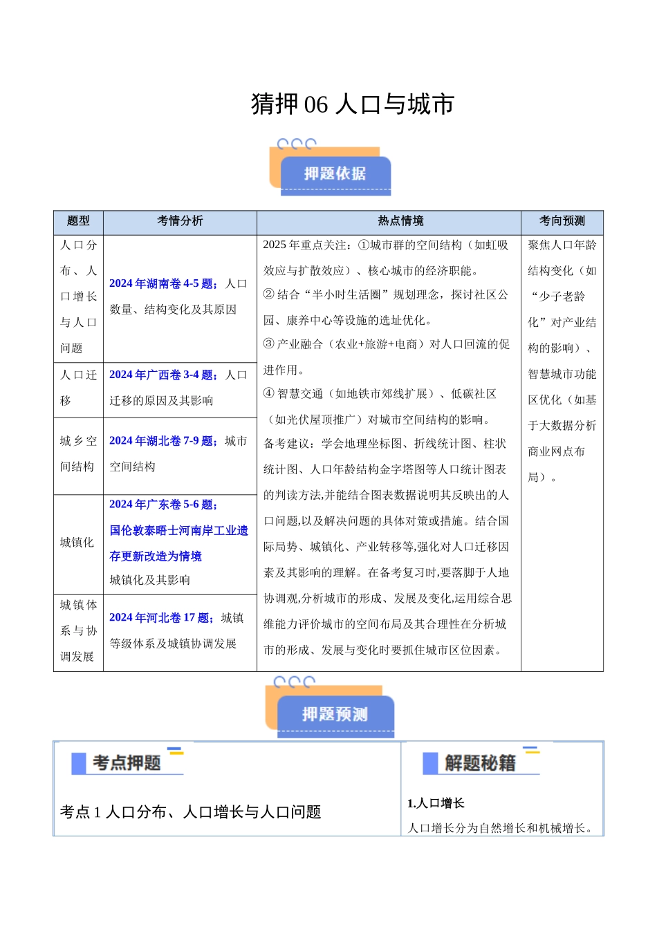 猜押06人口与城市-2025年高考地理冲刺抢押秘籍（新高考通用）（原卷版）.docx_第1页