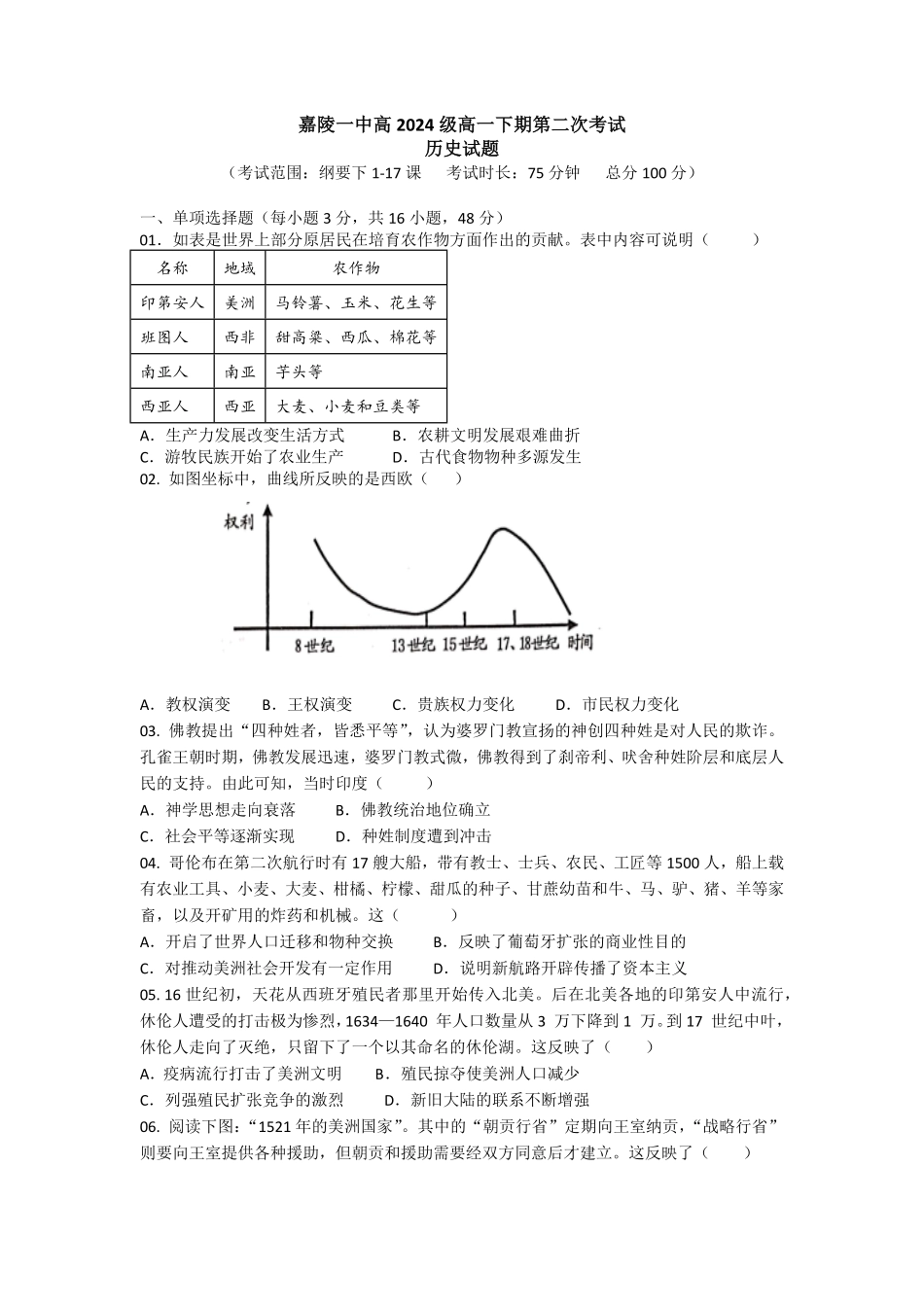 【KS5U发布】四川省南充市嘉陵一中2024-2025学年高一下学期5月月考试题历史试题.pdf_第1页