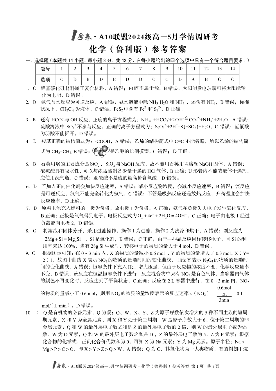 【化学（鲁科版）答案】1号卷A10联盟2024级高一5月学情调研考.pdf_第1页