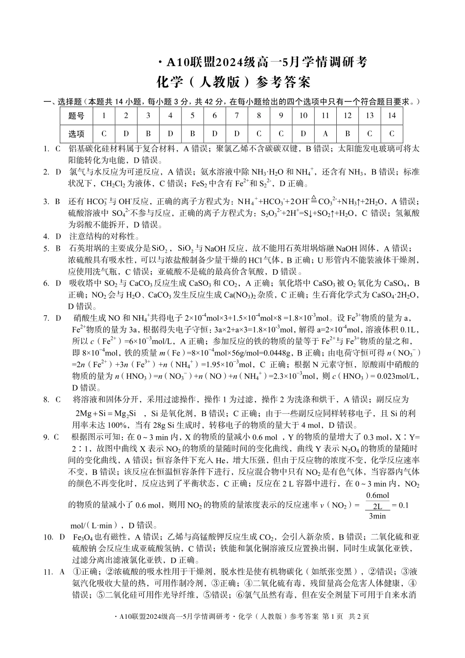 【化学答案】1号卷A10联盟2024级高一5月学情调研考.pdf_第1页