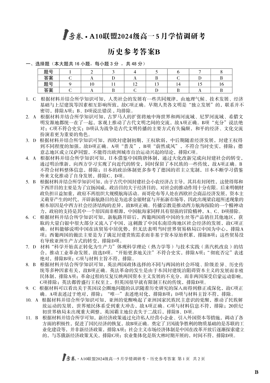 【历史（B卷）答案】1号卷A10联盟2024级高一5月学情调研考.pdf_第1页